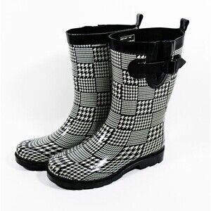 Women's Capelli Black White Houndstooth Plaid Rainboots Sz 6
